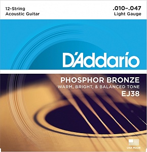 Струны для акустической гитары D'Addario EJ38 - Phosphor Bronze Комплект струн для акустической 12-струнной гитары, Light, 10-47 - фото 1
