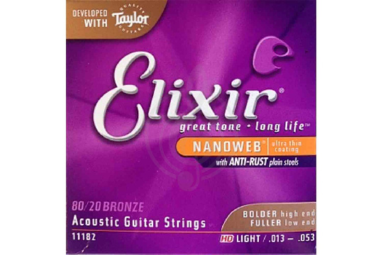 Струны для акустической гитары Elixir 11182 NANOWEB - Комплект струн для акустической гитары, HD Light, бронза 80/20, 13-53 - фото 1
